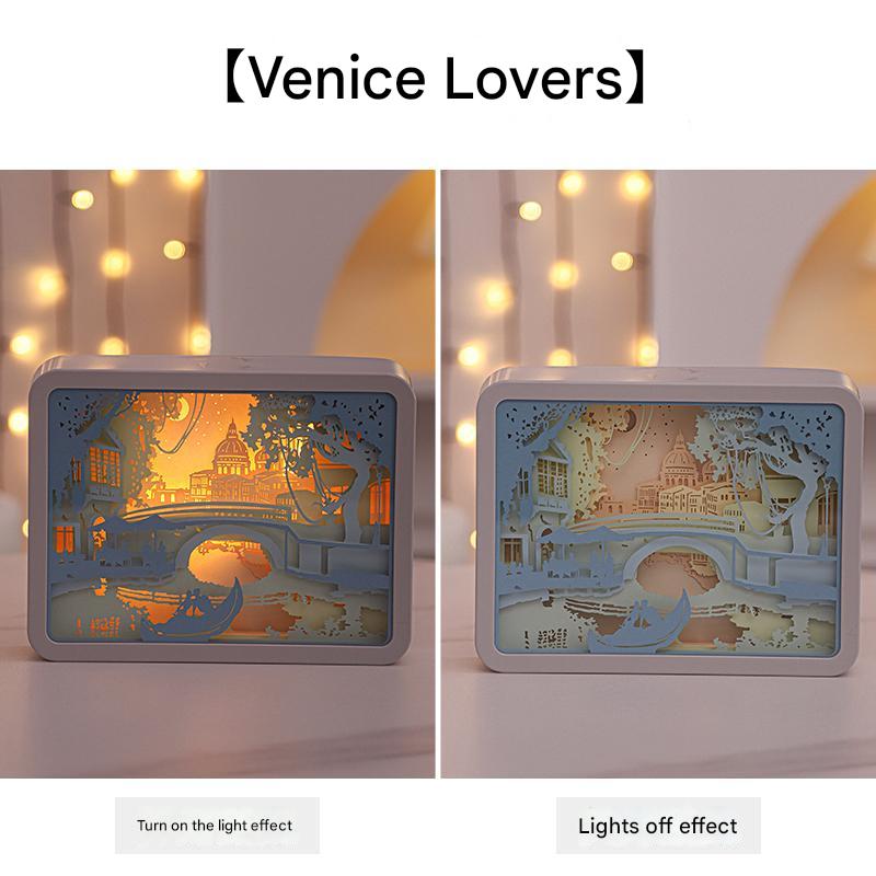 V888-ELOSUNG13590-212241-00 Venice Lovers 3D Paper Carving Night Light - USB Or Battery Powered Decorative Bedside Lamp | Atmosphere Lamp for Bedroom | Creative Starry Night and Little Prince Design Gift - Image 1