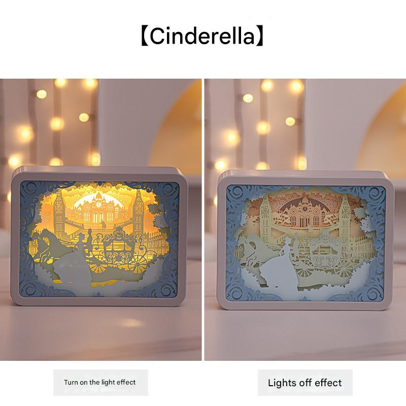 V888-ELOSUNG13591-212242-00 Cinderella 3D Paper Carving Night Light - USB Or Battery Powered Decorative Bedside Lamp | Atmosphere Lamp for Bedroom | Creative Starry Night and Little Prince Design Gift - Image 1