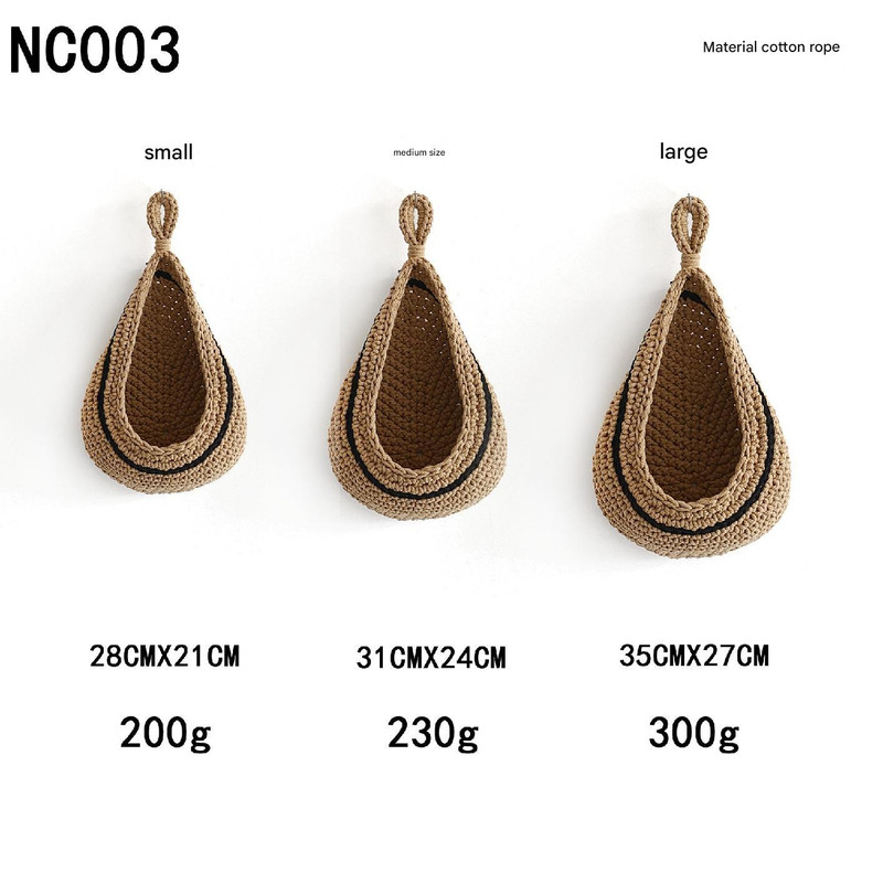 V888-ELOSUNG13637-212353-00 Khaki 3-Piece Wall-Mounted Cotton Rope Storage Baskets – Large, Medium, and Small Hand-Woven Fruit/Vegetable/Storage Nets (Large weight 300g, Medium weight 230g, Small weight 200g) - Image 1