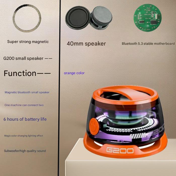 V888-ELOSUNG13666-213489-00 Orange Portable Mini Bluetooth Speaker with Magnetic Base, High-Quality Bass and Surround Sound, Colorful Ambient Lighting, USB Rechargeable, 6-Hour Battery Life - Image 1