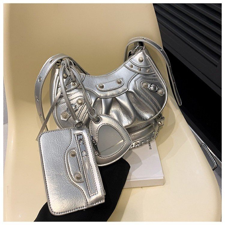 V888-ELOSUNG13774-212836-00 Silver Vintage Rivet Crescent Moon Bag with Card Holder & Mirror, French Retro PU Leather Shoulder & Crossbody Motorcycle Bag for Women - Image 1