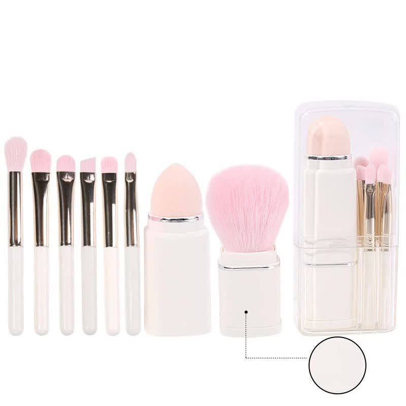 V888-ELOSUNG13803-212810-00 White 8-in-1 Retractable Mini Makeup Brush Set with Protective Cover – Compact Design for Travel and On-the-Go Touchups - Image 1