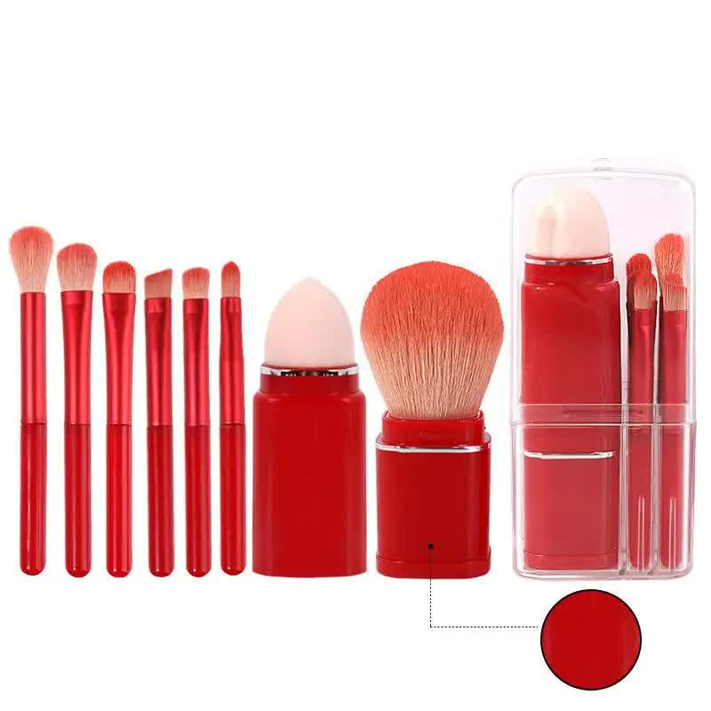 V888-ELOSUNG13805-212808-00 Red 8-in-1 Retractable Mini Makeup Brush Set with Protective Cover - Compact Design for Travel and On-the-Go Touchups - Image 1