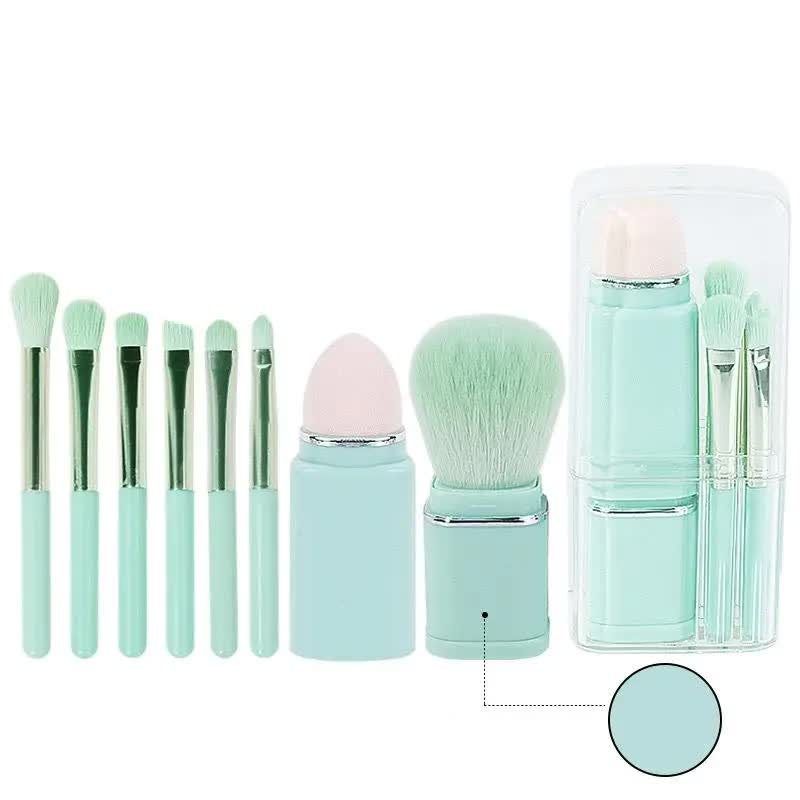 V888-ELOSUNG13806-212807-00 Green 8-in-1 Retractable Mini Makeup Brush Set with Protective Cover - Compact Design for Travel and On-the-Go Touchups - Image 1