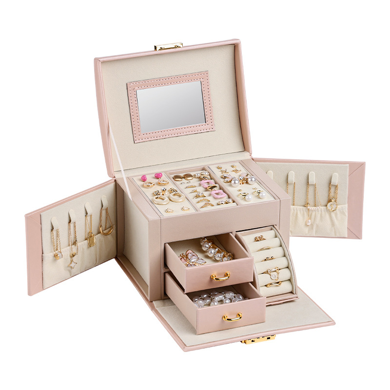 V888-ELOSUNG13844-212977-00 Light Pink Luxury PU Leather Jewelry Storage Box - 3-Tier Organizer with Mirror for Necklaces, Earrings, and Rings(Jewelry is a photo prop and is not included) - Image 1