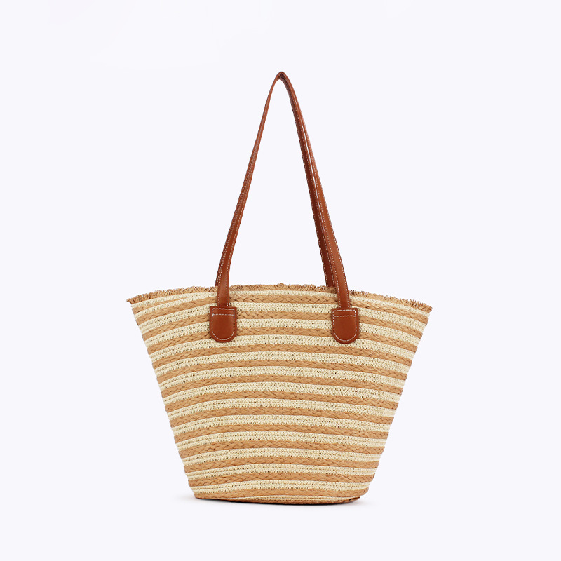 V888-ELOSUNG13949-213784-00 White And Yellow Stripes Handmade Large Capacity Striped Beach Tote Bag with Zipper and Inner Pocket - Summer Vacation Woven Shoulder Bag for Women - Image 1