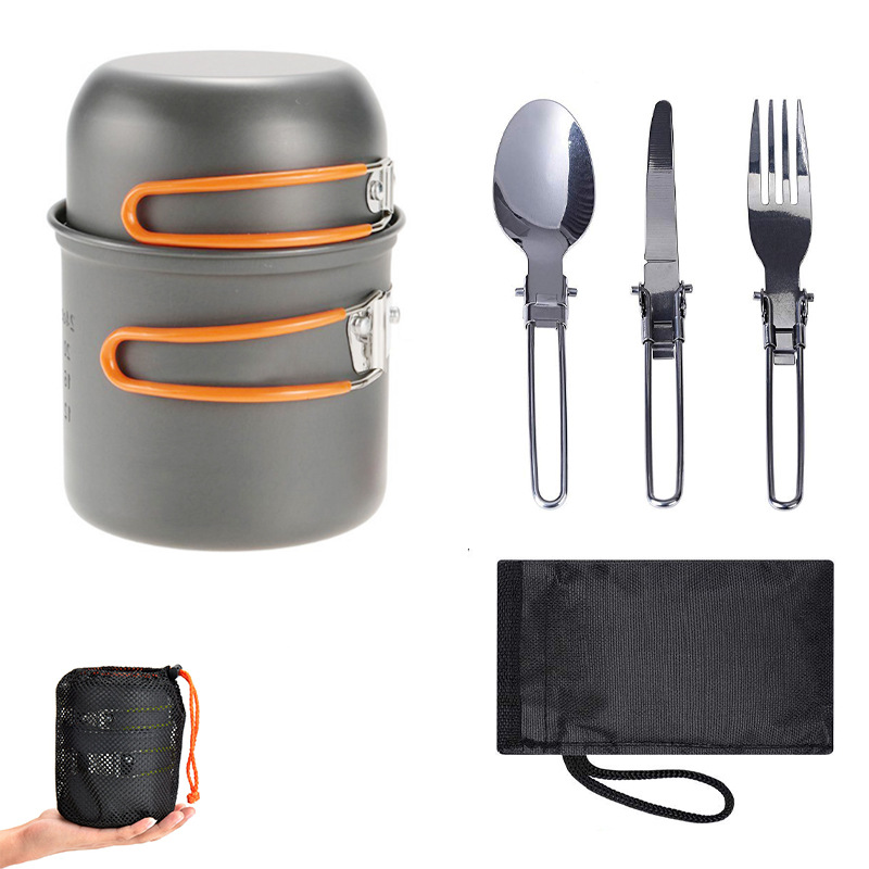 V888-ELOSUNG13951-213820-00 Orange And Grey Compact Outdoor Camping Cookware Set with 410 Stainless Steel Utensils - Image 1