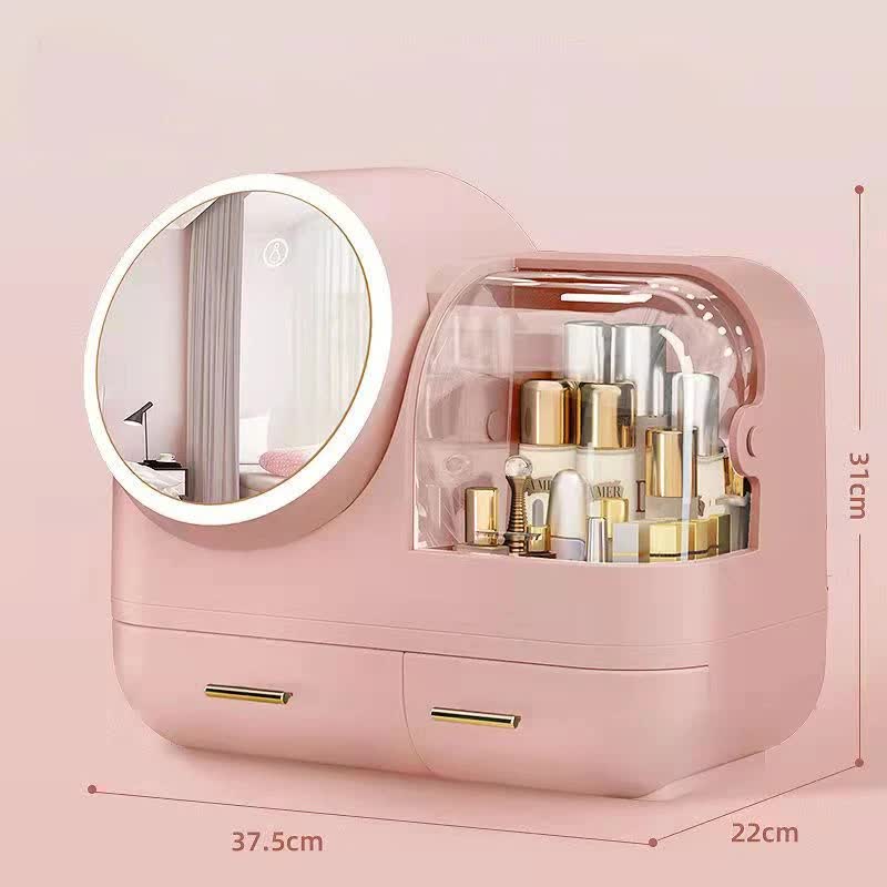 V888-ELOSUNG15130-212149-00 Pink LED Vanity Makeup Organizer with Partition Storage and Touch-Control Mirror - Large Capacity Cosmetic Box - Image 1
