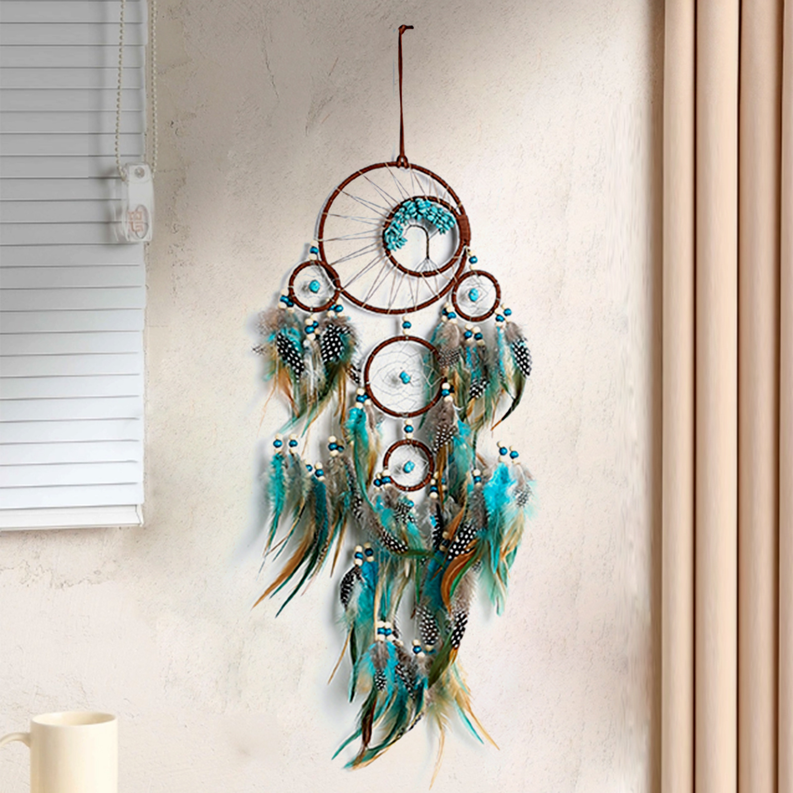 V888-ELOSUNG15181-212417-00 Handmade Dream Catcher with Feathers - Bohemian Wall Hanging Decorative Wind Chime - Image 1