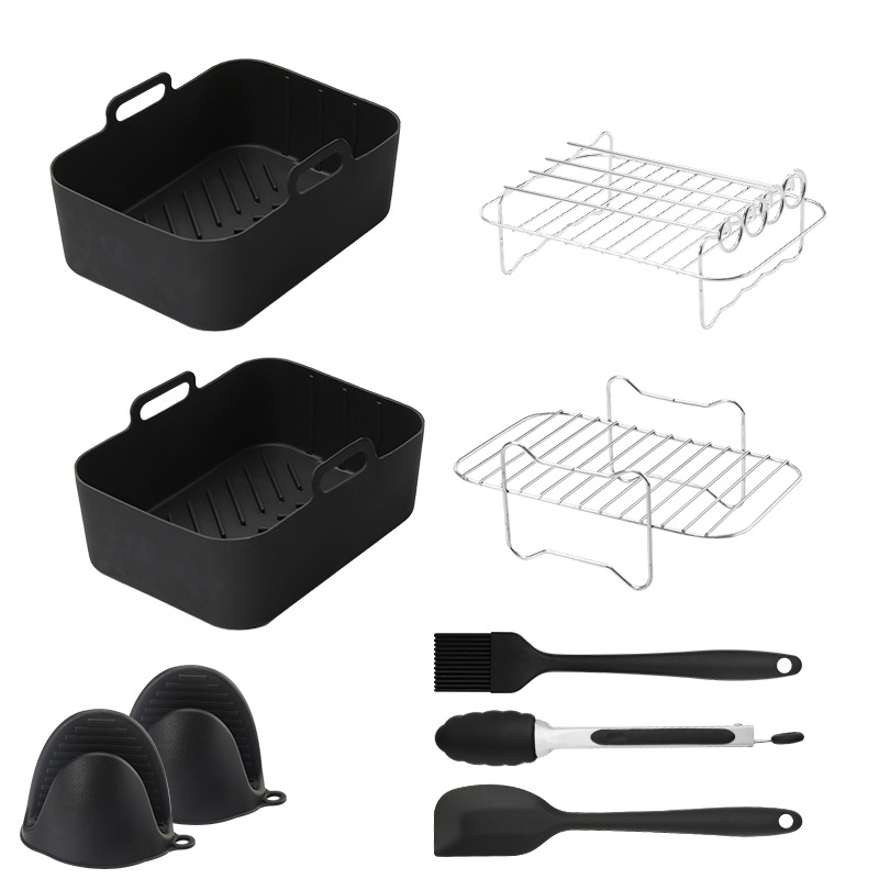 V888-ELOSUNG15243-212554-00 9-Piece Air Fryer Accessories Set - Silicone Liners, Grill Racks, Cooking Tools - Image 1