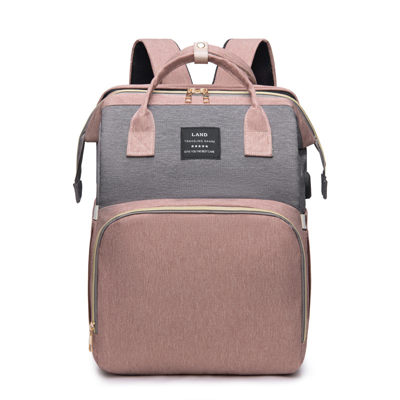 V888-ELOSUNG15302-212647-00 Multifunctional Diaper Backpack with Mosquito Net and Insulated Pockets - Pink and Grey - Image 1