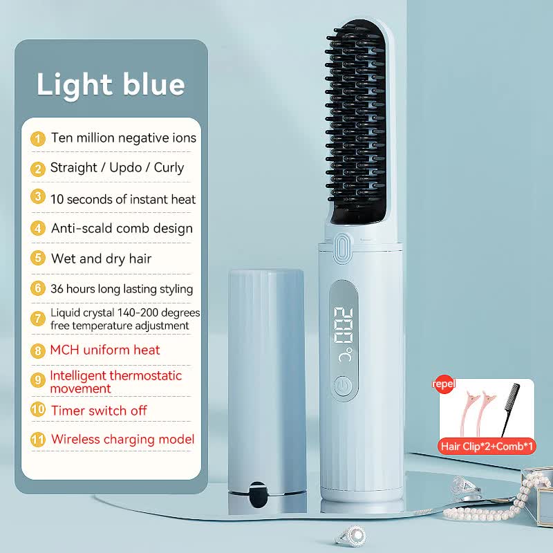 V888-ELOSUNG15316-213527-00 Cordless Hair Straightener Brush with Adjustable Temperature - Blue - Image 1