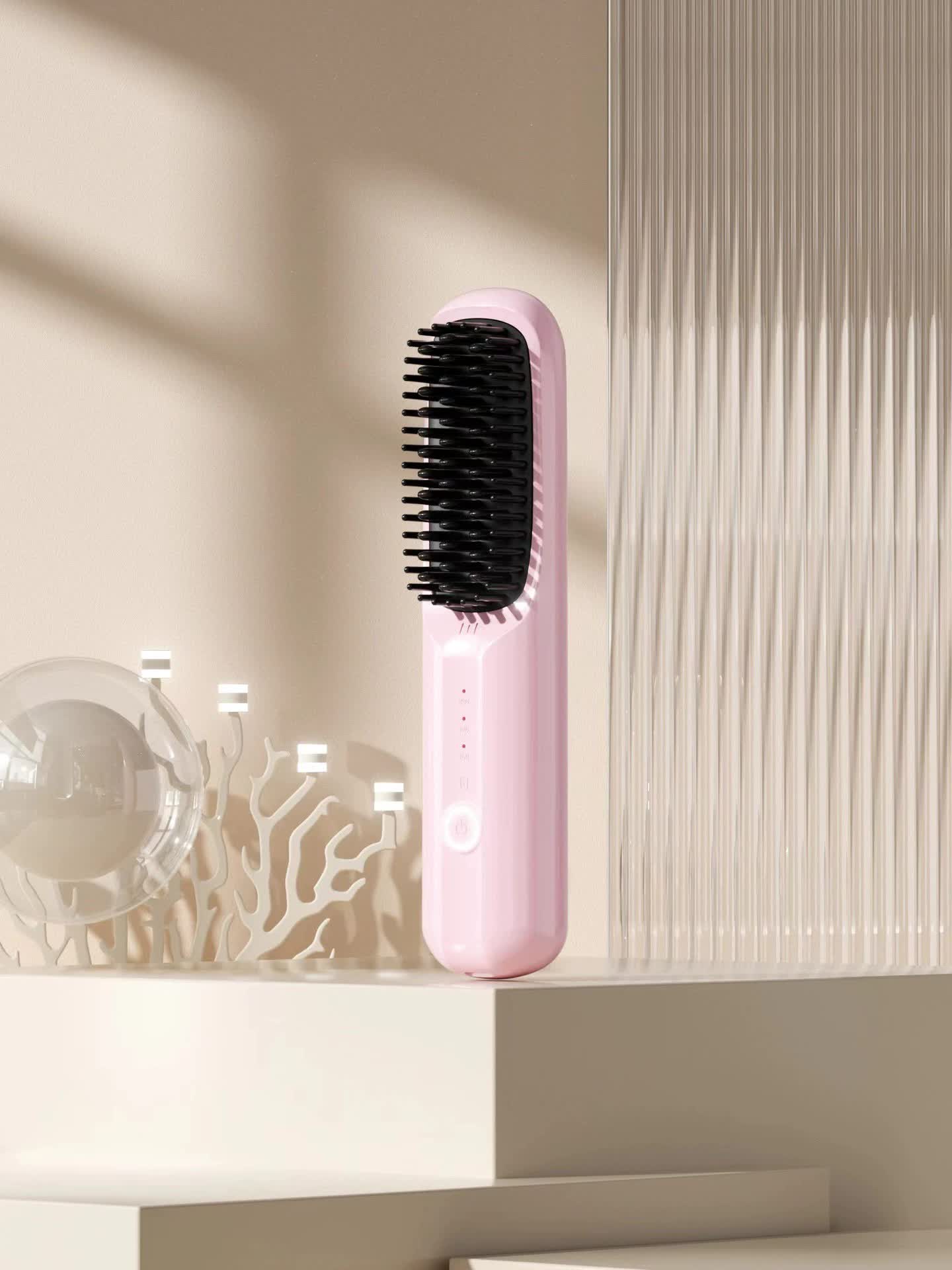 V888-ELOSUNG15552-214625-00 Pink Rechargeable Wireless Hair Straightening Brush - Sleek and Portable Styling Tool - Image 1