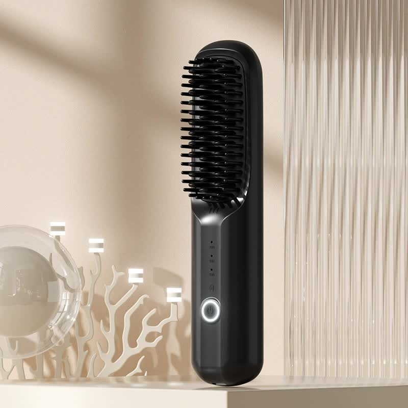 V888-ELOSUNG15554-214607-00 Black Rechargeable Wireless Hair Straightening Brush - Sleek and Portable Styling Tool - Image 1