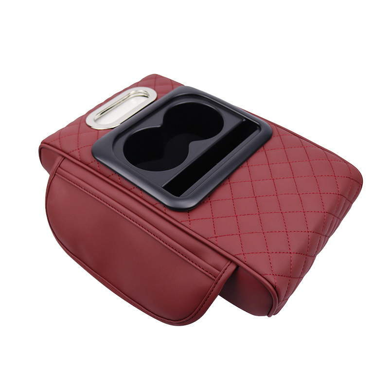 V888-ELOSUNG15763-215587-00 GT-6 Embroidery Wine Red ,Multifunctional Car Armrest Storage Box Cushion - Universal Fit with Cup Holder and Tissue Dispenser - Image 1