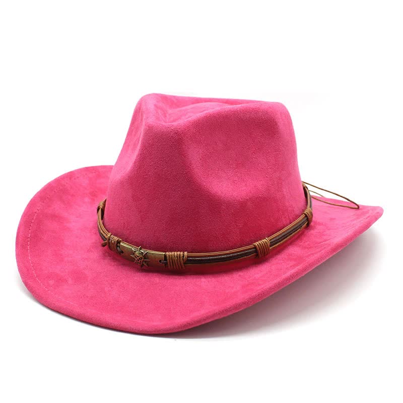 V888-ELOSUNG15778-215751-00 Rose Red Unisex Faux Suede Western Cowboy Hat - Wide Brim Vintage Fedora for Outdoor Travel,M(57-58cm) - Image 1