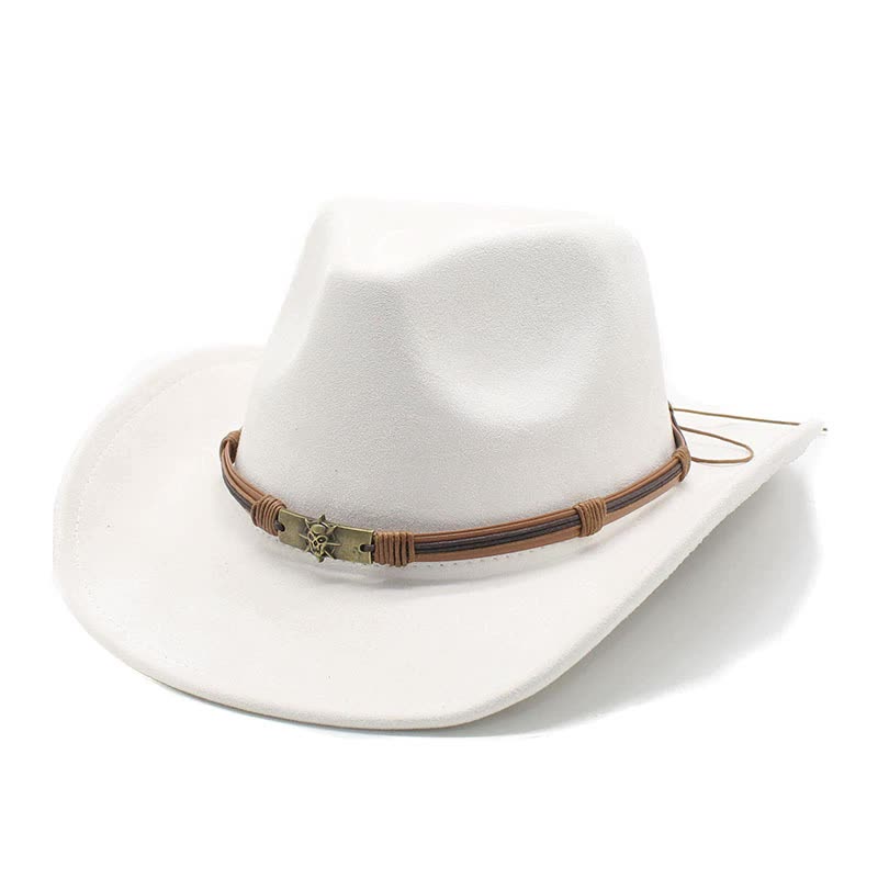 V888-ELOSUNG15779-215752-00 Milky white Unisex Faux Suede Western Cowboy Hat - Wide Brim Vintage Fedora for Outdoor Travel,M(57-58cm) - Image 1