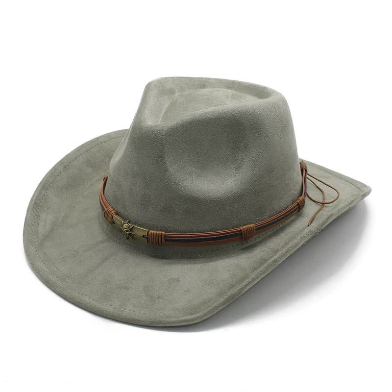 V888-ELOSUNG15781-215754-00 Green Unisex Faux Suede Western Cowboy Hat - Wide Brim Vintage Fedora for Outdoor Travel,M(57-58cm) - Image 1