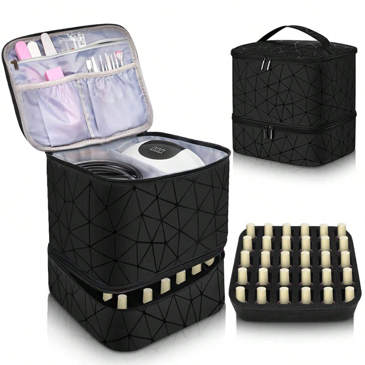 V888-ELOSUNG15883-216698-00 Black Large Capacity PVC Cosmetic Bag - Portable Nail Polish Storage Case with Dividers - Image 1