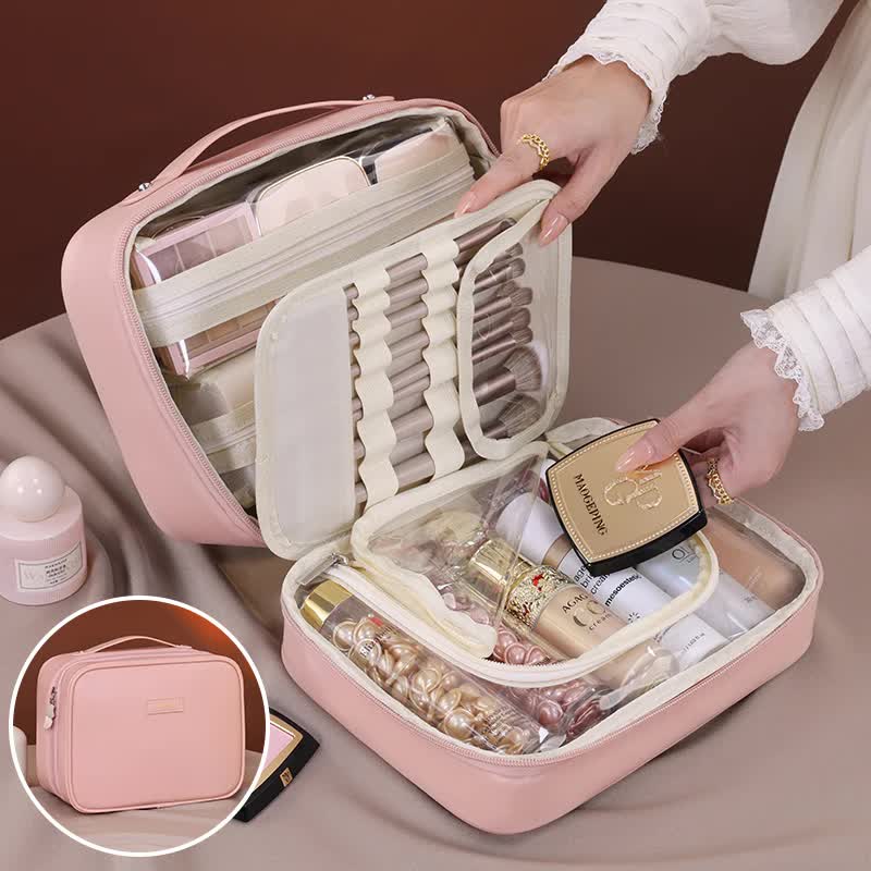 V888-ELOSUNG15923-216519-00 Pink Premium 5-in-1 Multifunctional PU Cosmetic Bag - Spacious Travel Organizer for Makeup, Toiletries, and Cosmetics - Image 1