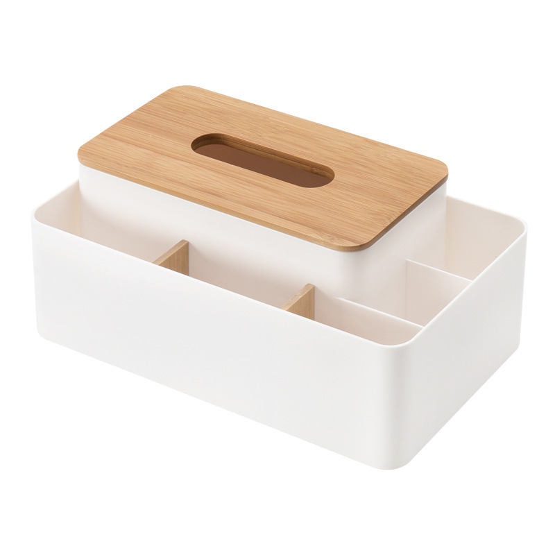 V888-ELOSUNG15956-216954-00 White Multifunctional Tissue Box Organizer - Bamboo Lid with Dividers for Desktop Storage - Image 1