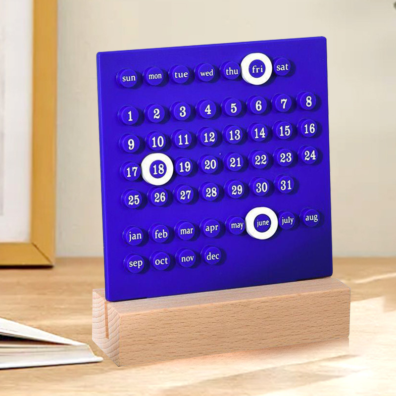 V888-ELOSUNG15971-216848-00 Blue DIY Ring Perpetual Calendar - Creative Acrylic Desktop Calendar with Adjustable Rings - Image 1