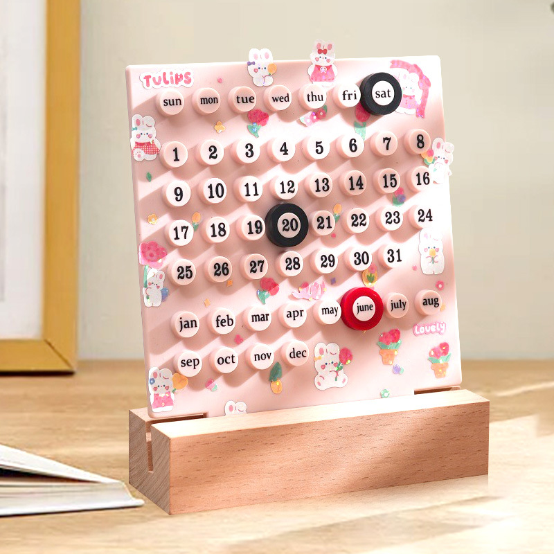 V888-ELOSUNG15994-218440-00 Pink DIY Ring Perpetual Calendar - Creative Acrylic Desktop Calendar with Adjustable Rings - Image 1