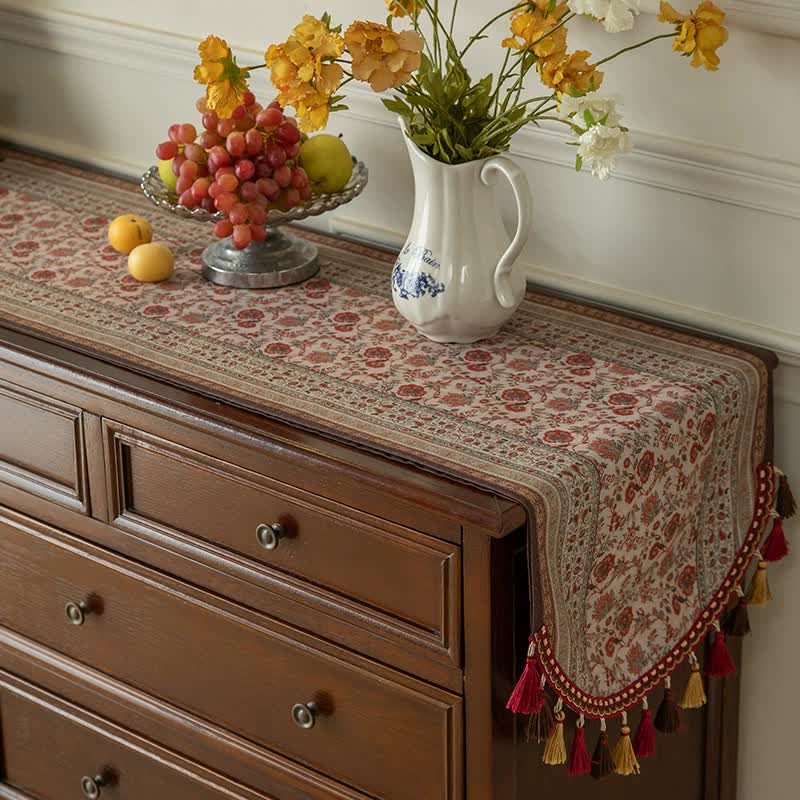 V888-ELOSUNG16052-214658-00 Red Vintage Bohemian Tassel Table Runner - 40x180cm Decorative Linen - Image 1