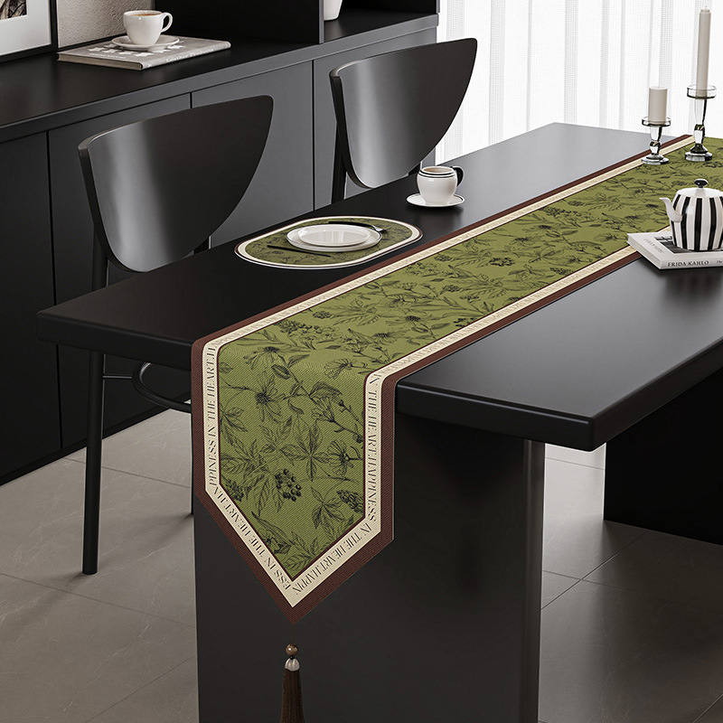 V888-ELOSUNG16061-214335-00 Green Elegant Green Botanical Table Runner with Tassels - 30x180cm - Image 1