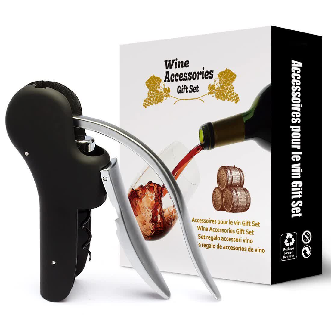 V888-ELOSUNG16063-214341-00 Black Ergonomic Lever-Action Corkscrew Wine Opener with Foil Cutter - Image 1