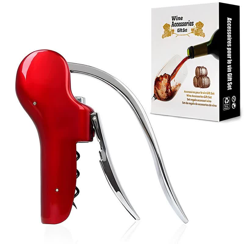 V888-ELOSUNG16064-214342-00 Red Ergonomic Lever-Action Corkscrew Wine Opener with Foil Cutter - Image 1