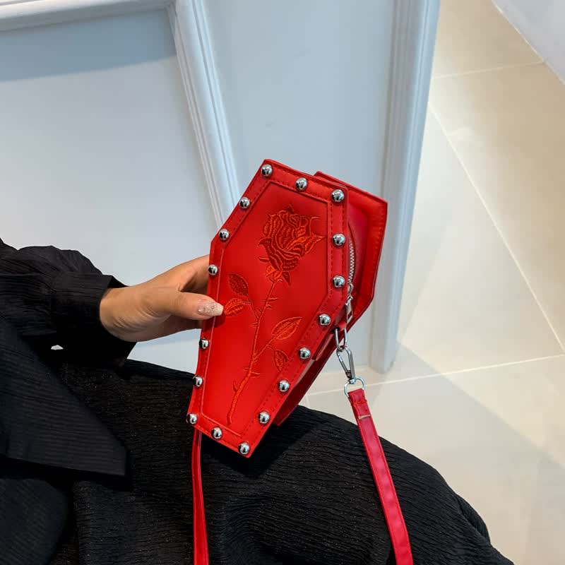 V888-ELOSUNG16107-214487-00 Red Gothic Red Coffin-Shaped Crossbody Bag with Embroidered Rose - Unique Fashion Statement - Image 1