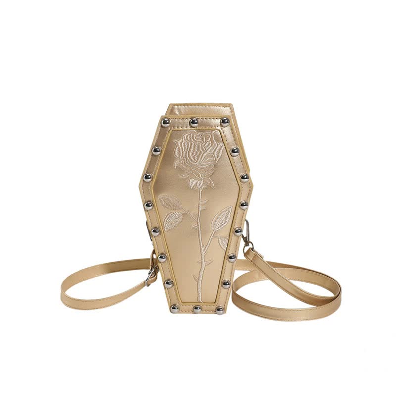 V888-ELOSUNG16110-214493-00 Gold Gothic Red Coffin-Shaped Crossbody Bag with Embroidered Rose - Unique Fashion Statement - Image 1