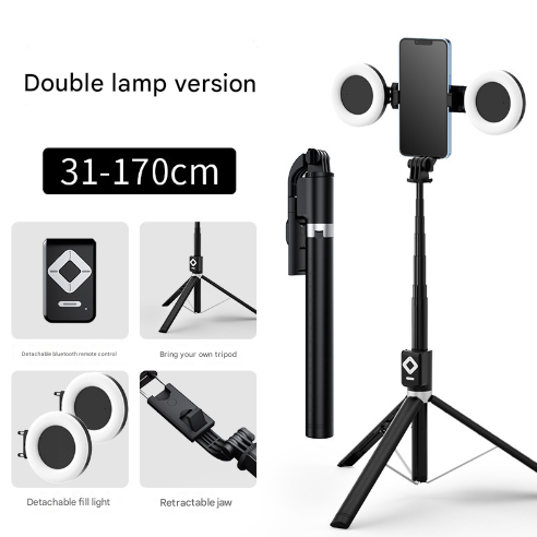 V888-ELOSUNG16113-214515-00 Double Light 3-in-1 Bluetooth Selfie Stick with Tripod and Remote Control - Adjustable for Smartphones - Image 1