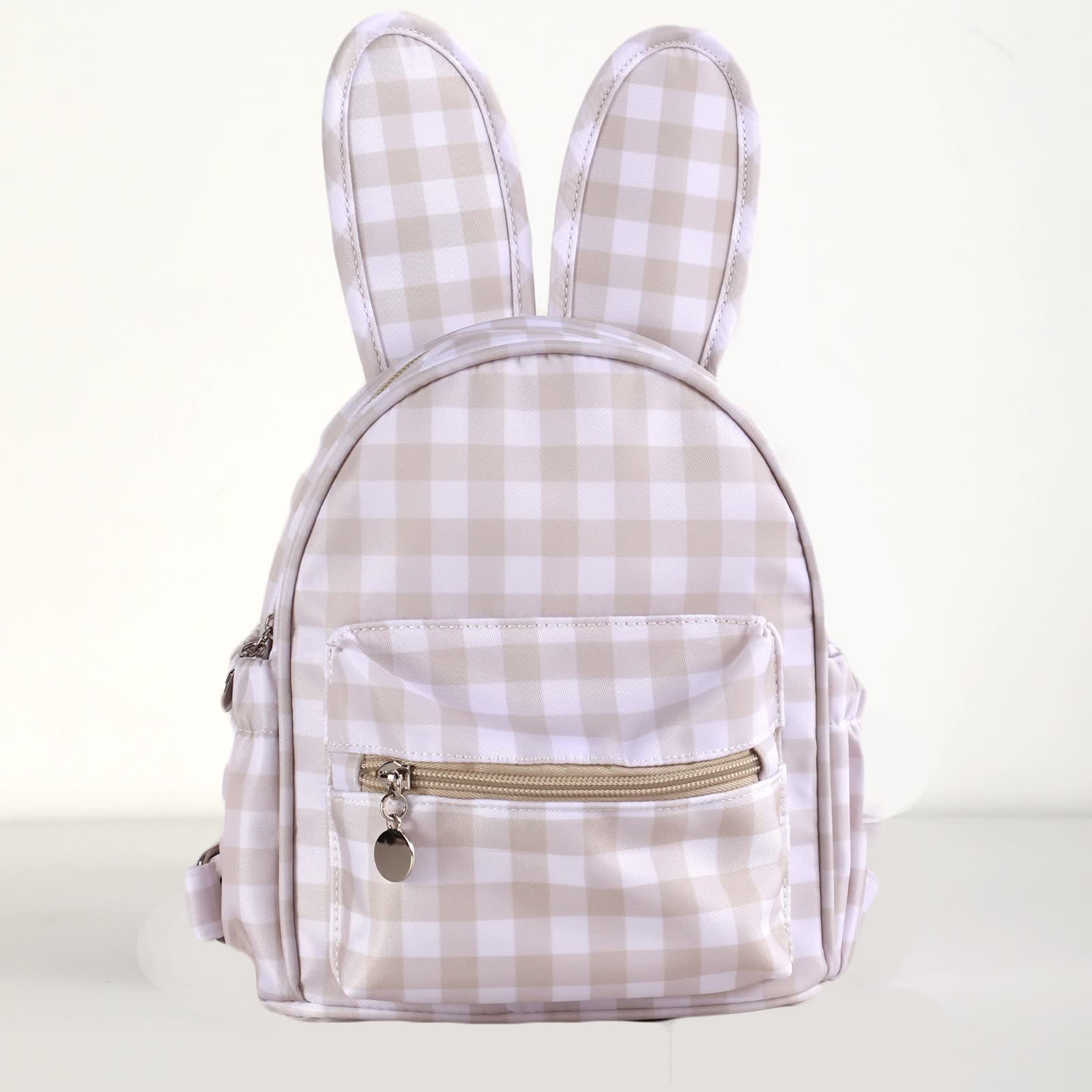 V888-ELOSUNG16208-215215-00 Khaki Kids Bunny Ear Gingham Backpack - Cute Mini Bag for Girls - Image 1