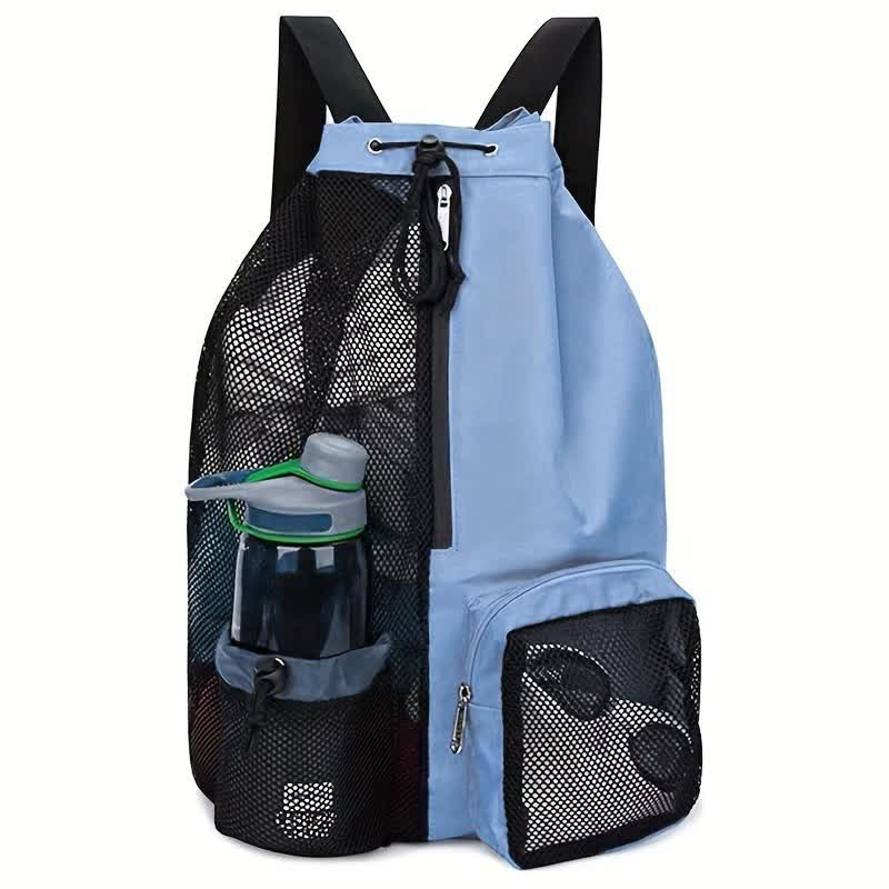 V888-ELOSUNG16225-215198-00 Blue Mesh Drawstring Backpack - Lightweight Sports and Beach Bag with Pockets - Image 1