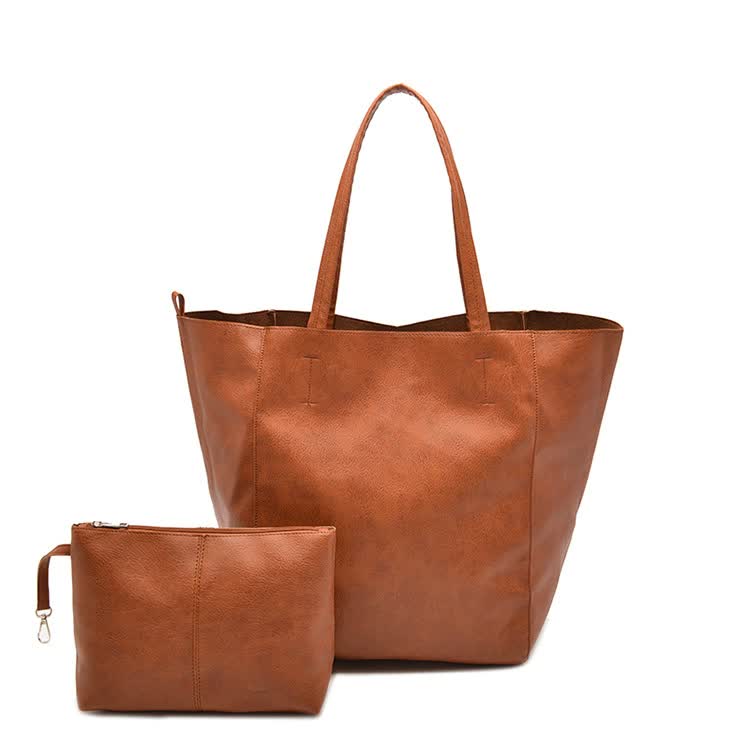 V888-ELOSUNG16272-215533-00 Brown Classic Large PU Leather Tote Bag with Inner Pouch - Elegant and Functional - Image 1