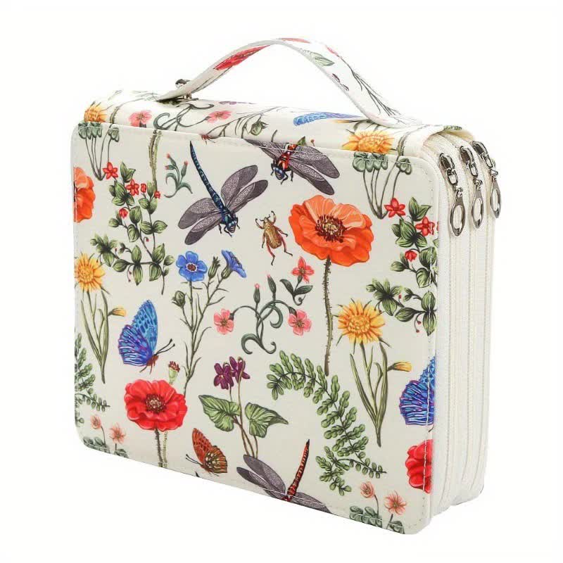 V888-ELOSUNG16287-215557-00 White Floral Design Portable Zippered Pencil Case - 3-Layer Large Capacity Organizer for Stationery & Art Supplies - Image 1