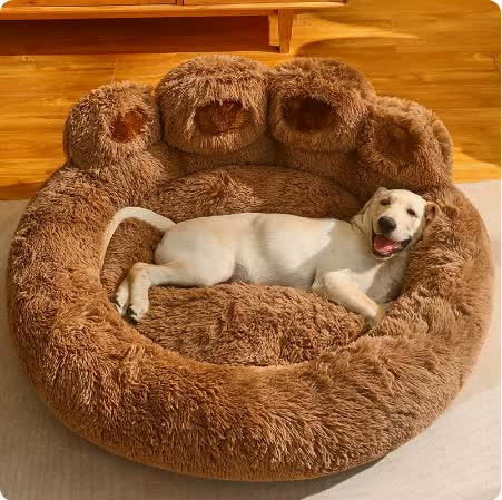 V888-ELOSUNG16334-216062-00 Diameter 90cm Brown Plush Dog Bed with Paw Design - Ultra Soft Round Pet Sofa for Medium to Large Dogs - Image 1