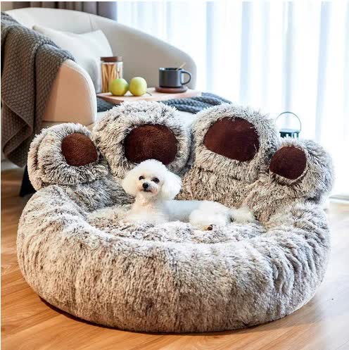 V888-ELOSUNG16337-216167-00 Diameter 90cm Grey Plush Dog Bed with Paw Design - Ultra Soft Round Pet Sofa for Medium to Large Dogs - Image 1