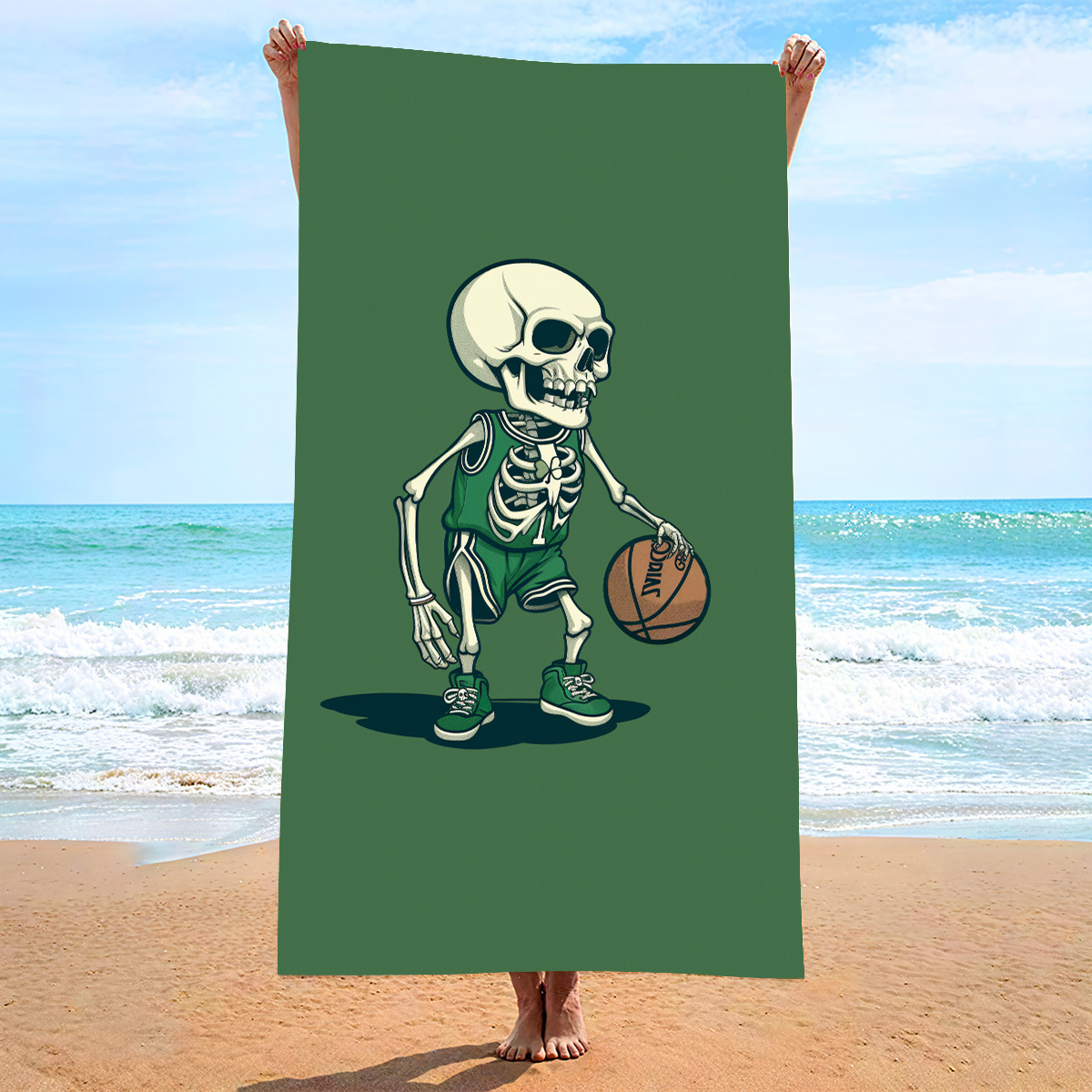 V888-ELOSUNG16505-216349-00 2 PCS Skeleton Man Playing Basketball Extra Large Microfiber Double-Sided Beach Towel, Quick-Drying and Portable - Image 1