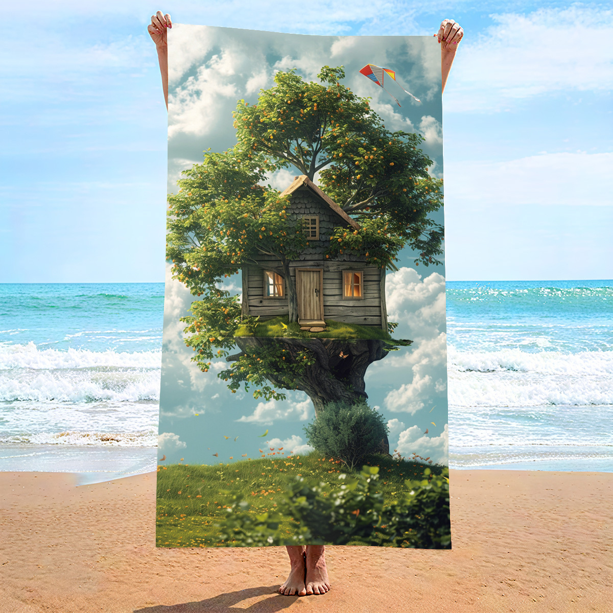 V888-ELOSUNG16506-216350-00 2 PCS Tree House Extra Large Microfiber Double-Sided Beach Towel, Quick-Drying and Portable - Image 1