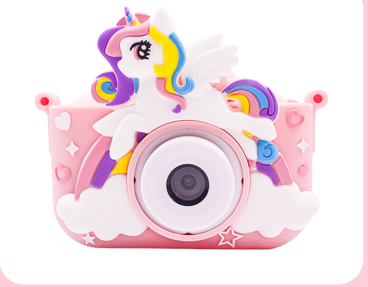 V888-ELOSUNG16730-223287-00 Pink Unicorn Motifs Cute Kids Digital Camera - Cat-Themed HD Camera with 32GB Memory Card - Image 1