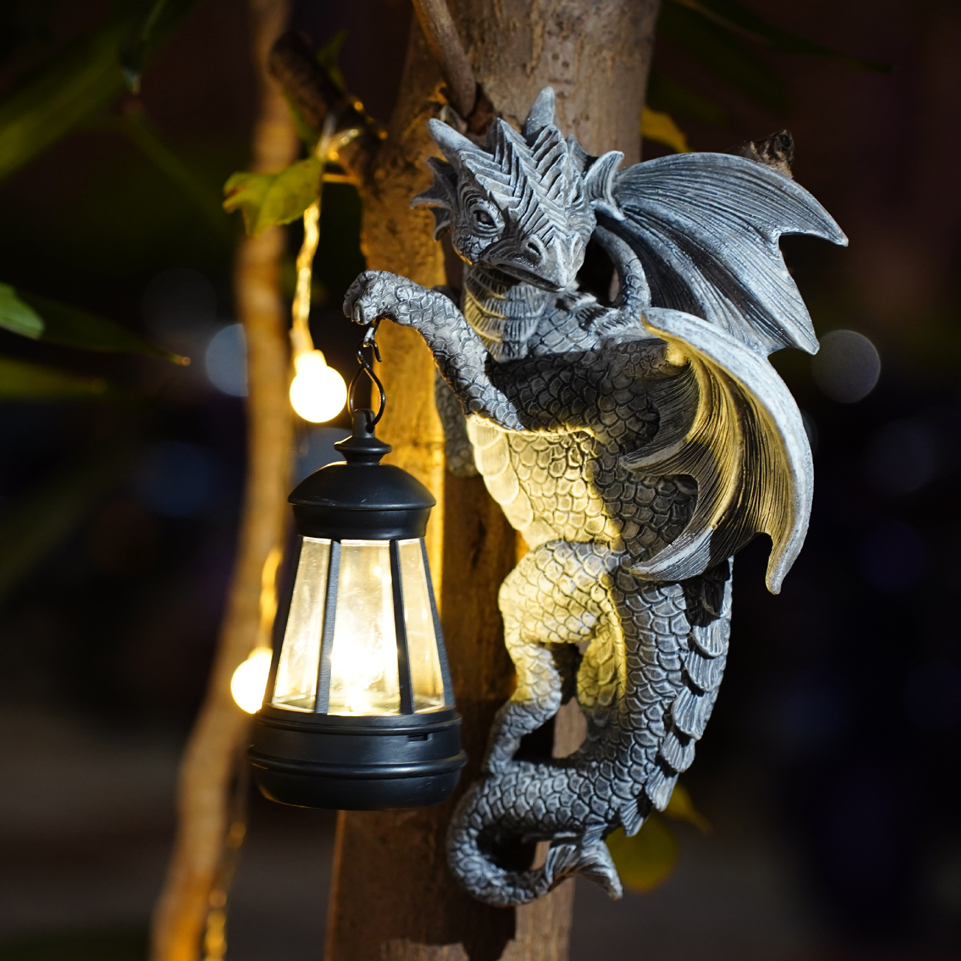 V888-ELOSUNG16742-223319-00 Solar-Powered Dragon Statue with LED Lantern - Gothic Outdoor Wall Hanging Decor - Image 1