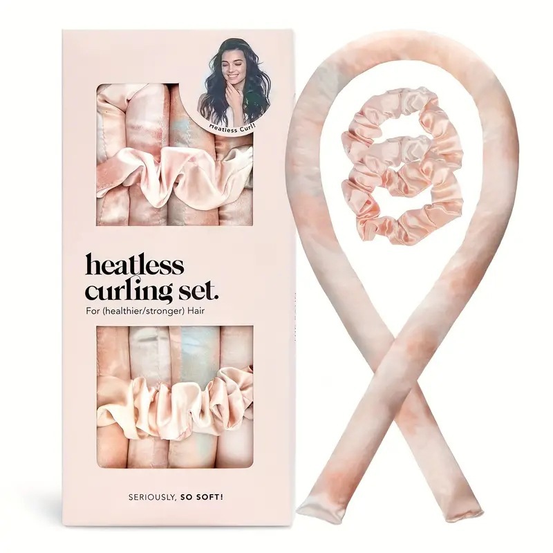 V888-ELOSUNG17001-214099-00 2 Pcs Light Orange Satin Heatless Hair Curling Rod Set for Sleep-In Styling | No Heat Damage | Tie-Dye Design - Image 1