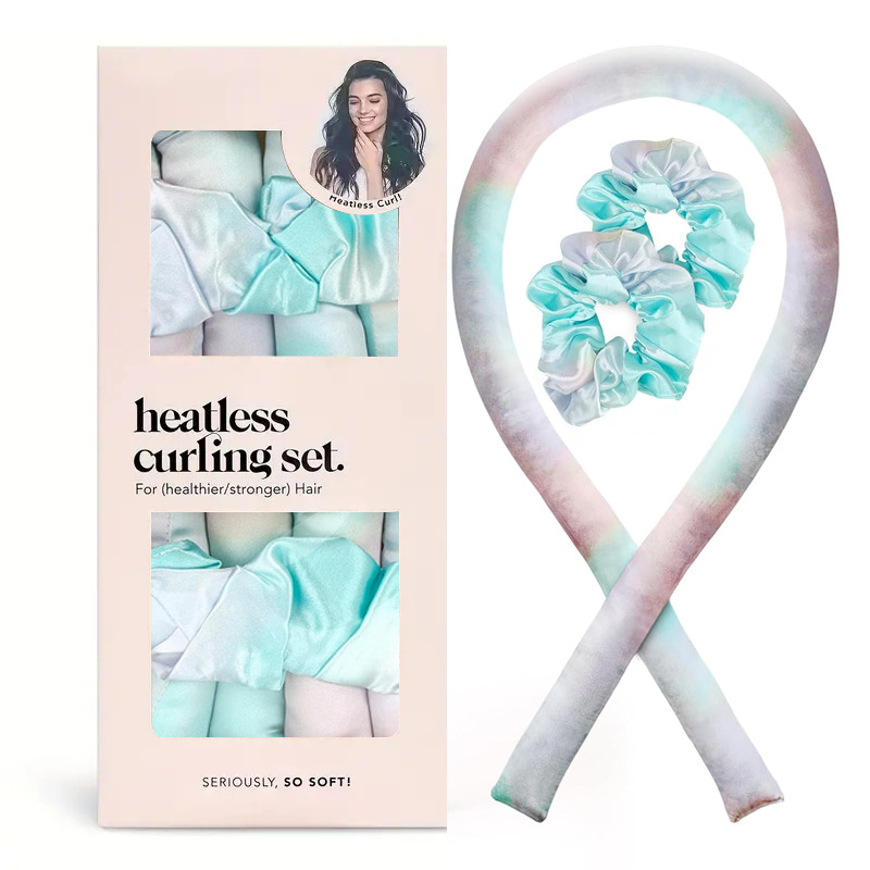 V888-ELOSUNG17003-214098-00 2 Pcs Blue And Pink Smudge Satin Heatless Hair Curling Rod Set for Sleep-In Styling | No Heat Damage | Tie-Dye Design - Image 1