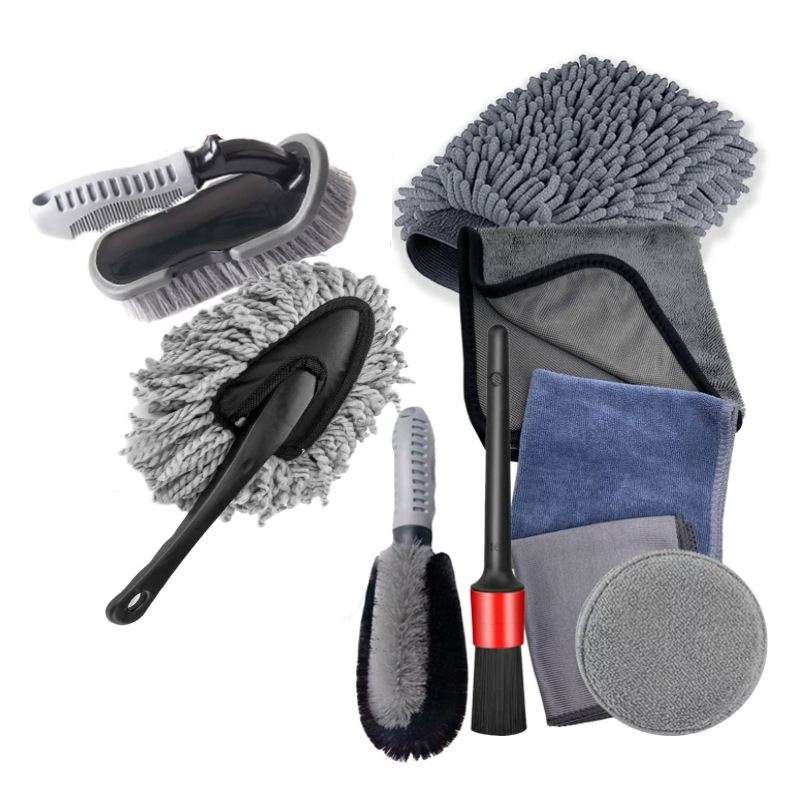 V888-ELOSUNG17071-214628-00 Type A 9-Piece Car Wash Tool Kit - Tire & Wheel Brushes, Wash Mitt, Microfiber Towels, and Wax Sponge Set - Image 1