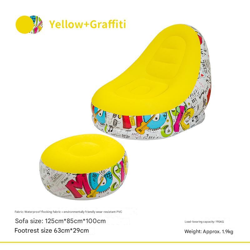 V888-ELOSUNG17114-214466-00 Yellow Graffiti Portable Inflatable Sofa Chair with Ottoman - Waterproof Flocked Lazy Sofa for Camping and Home Use - Image 1