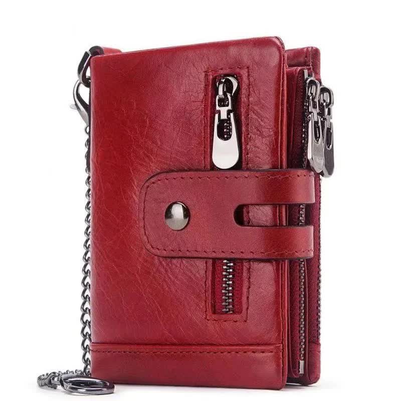 V888-ELOSUNG17132-214486-00 Red Genuine Leather Tri-Fold Wallet - Fashionable Multi-Card Men's and Women's Wallet - Image 1