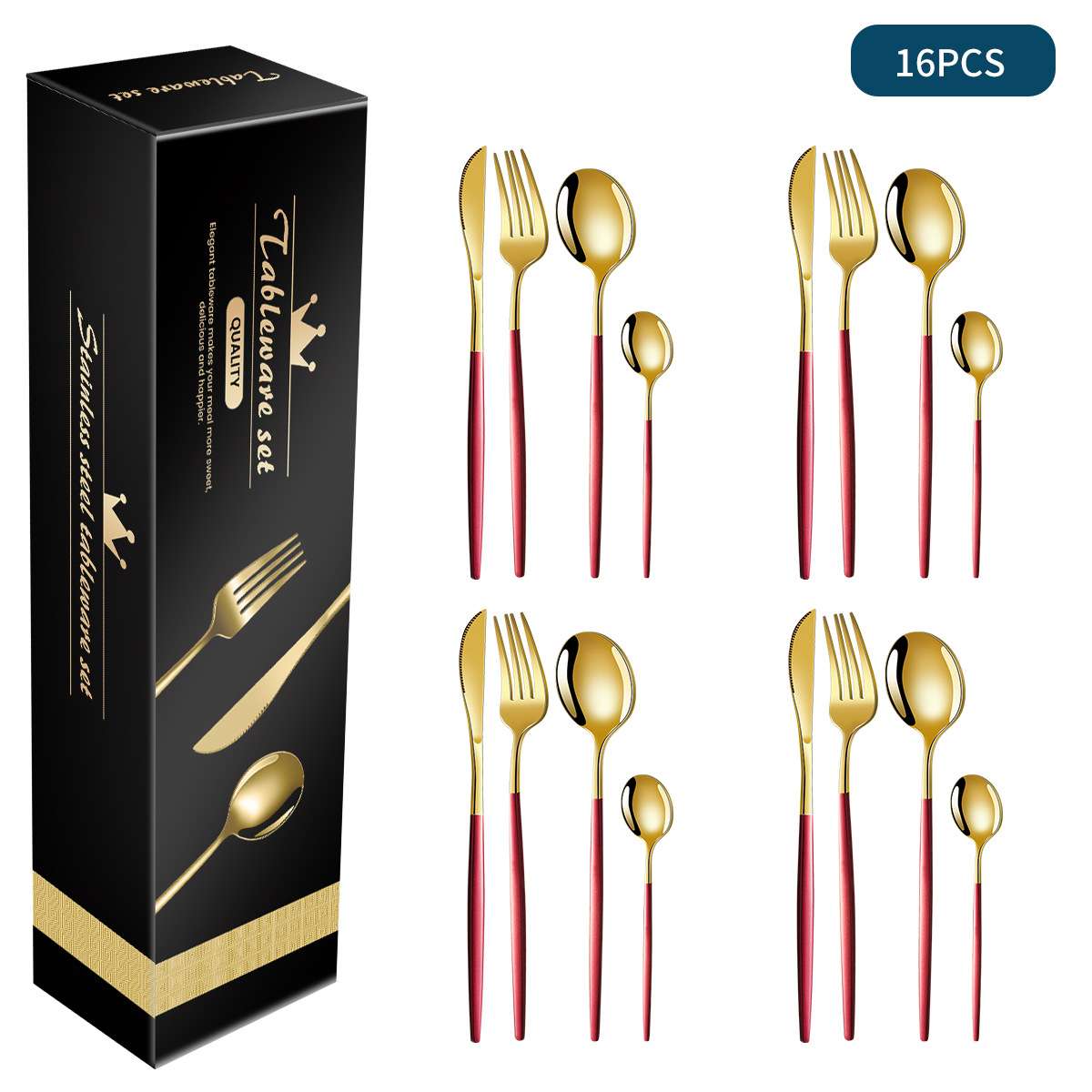 V888-ELOSUNG17139-214502-00 Red And Gold Patchwork Colours 410 Stainless Steel 16-Piece Flatware Set - Elegant Dinnerware with Knife, Fork, Spoon for 4 People - Image 1